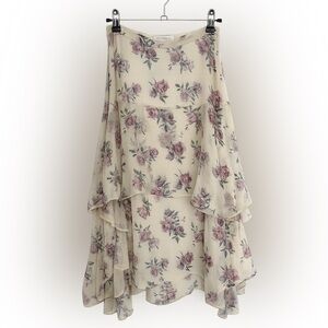 LoveShackFancy Silk Floral High-Low Tiered Skirt